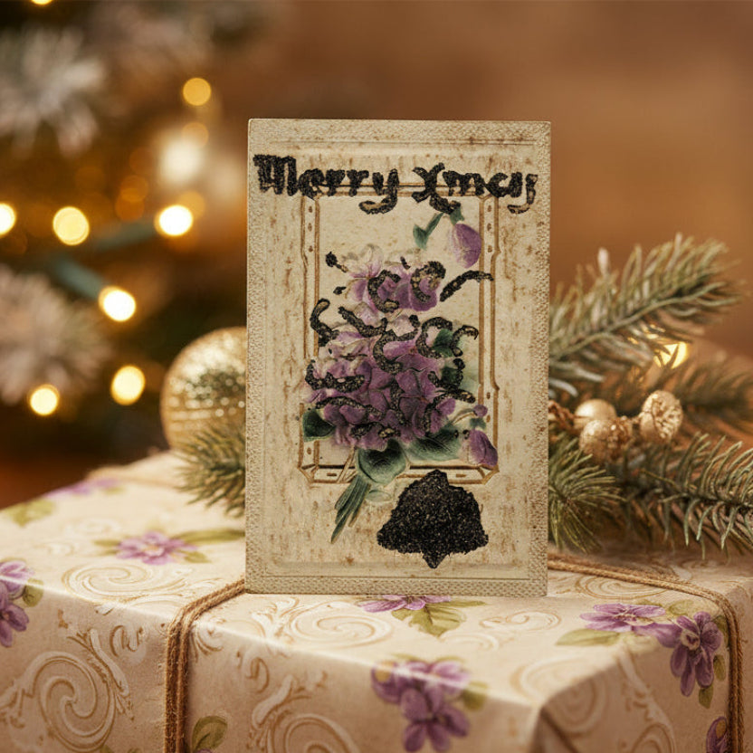  1910 Glittery Greetings and Winter Violets Vintage postcard, shown as holiday decor, gift topper.