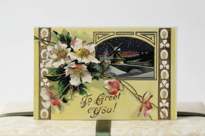 1910 Cherokee Roses and Moonlit Windmill Postcard