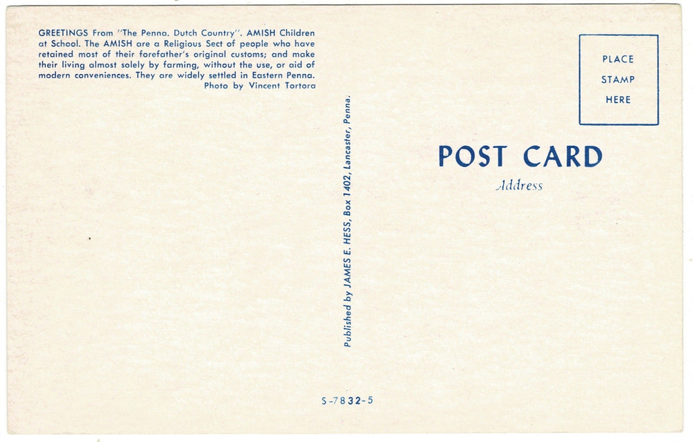 1950s Amish Schoolhouse Lancaster Pennsylvania Vintage Postcard, back view.