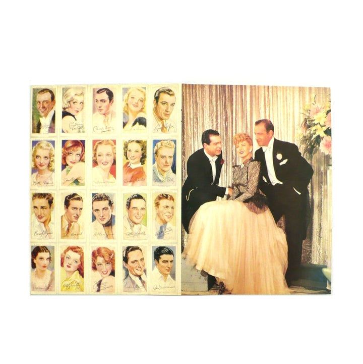 The left features an image of a collection of vintage Hollywood celebrity trading or cigarette cards, the right features classic Hollywood actors Fred MacMurray, Jean Arthur, and Melvyn Douglas in a promotional still from the 1940 romantic comedy film Too Many Husbands.
