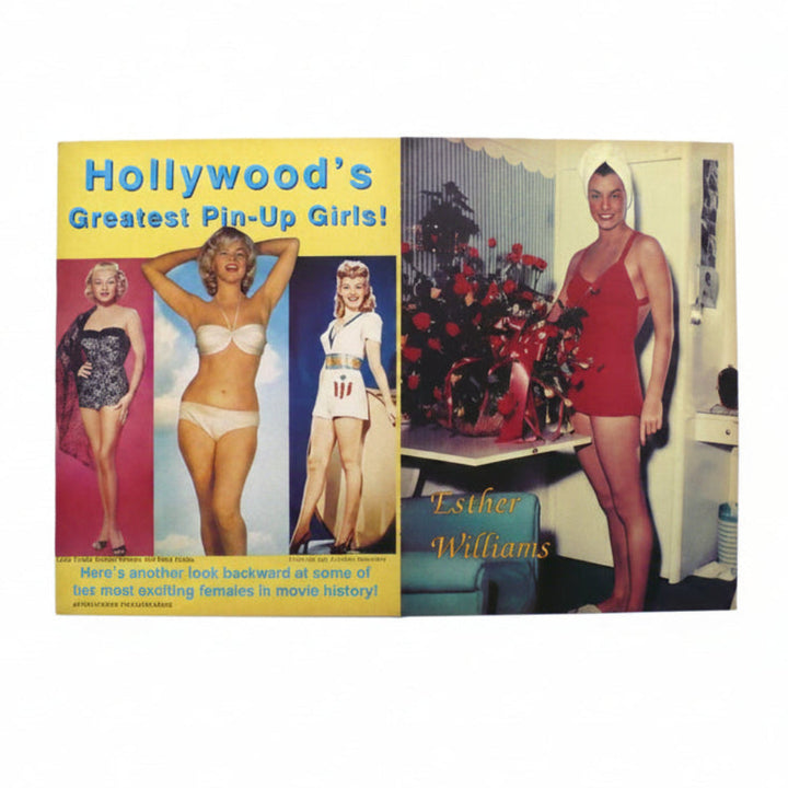 Reverse side of Ann Miller centerfold  is a full page poster of Esther Williams. and a full page poster montage of "Hollywood's Greatest Pin-Up Girls!": Lana Turner in a black swimsuit, Marilyn Monroe posing in a classic white two-piece swimsuit, and Betty Grable in a nautical-themed sailor outfit.