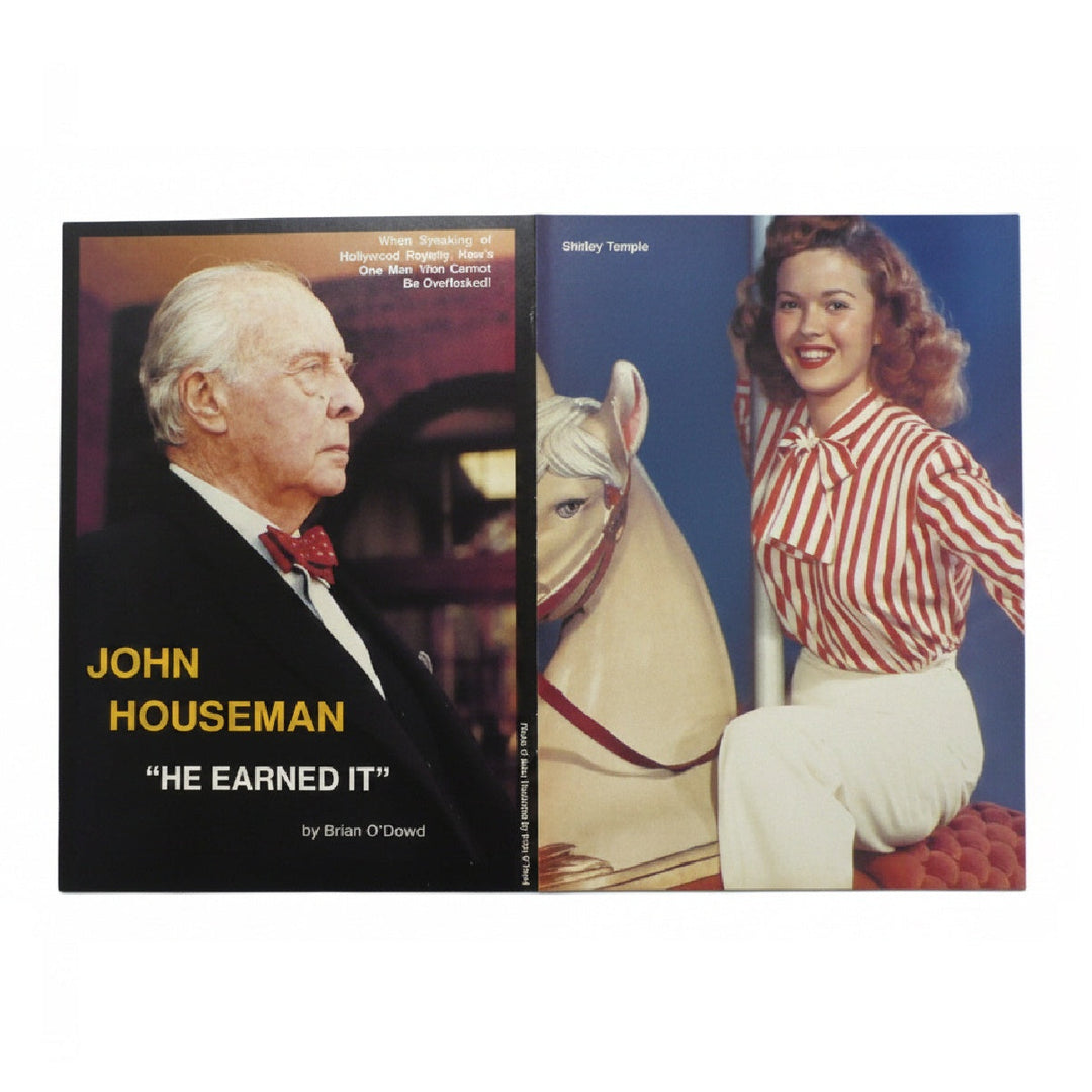 Reverse side of magazine centerfold 'John Houseman: He Earned It' and Shirley Temple on the right.
