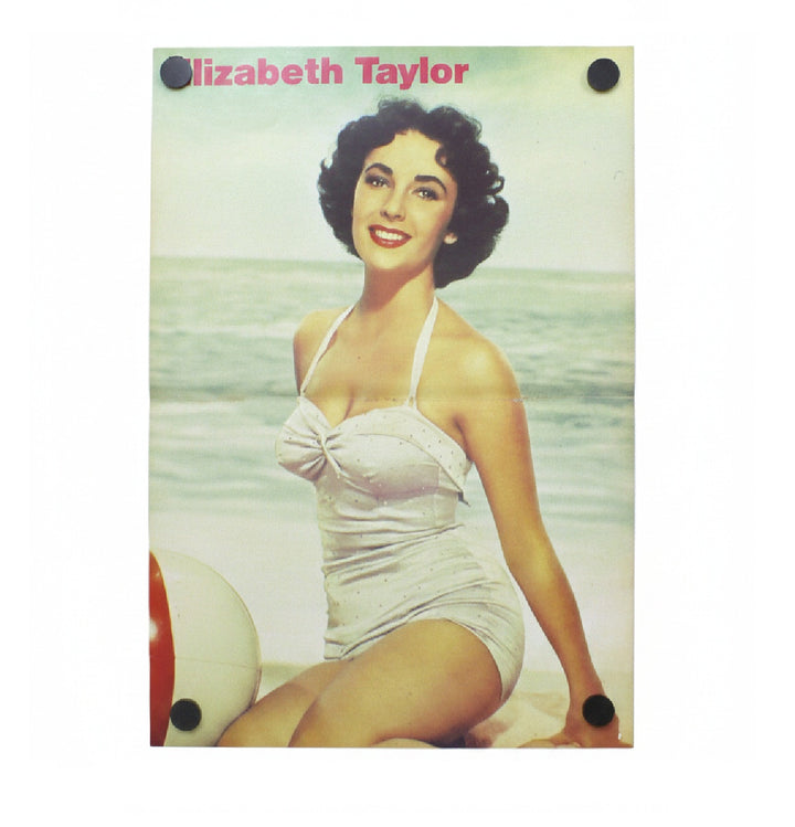 A vintage poster featuring Elizabeth Taylor seated at the beach, wearing a white swimsuit. The top of the print reads 'Elizabeth Taylor' in pink text, and the scene is photographed against a beach and ocean. Visible round magnets hold the poster in place.
