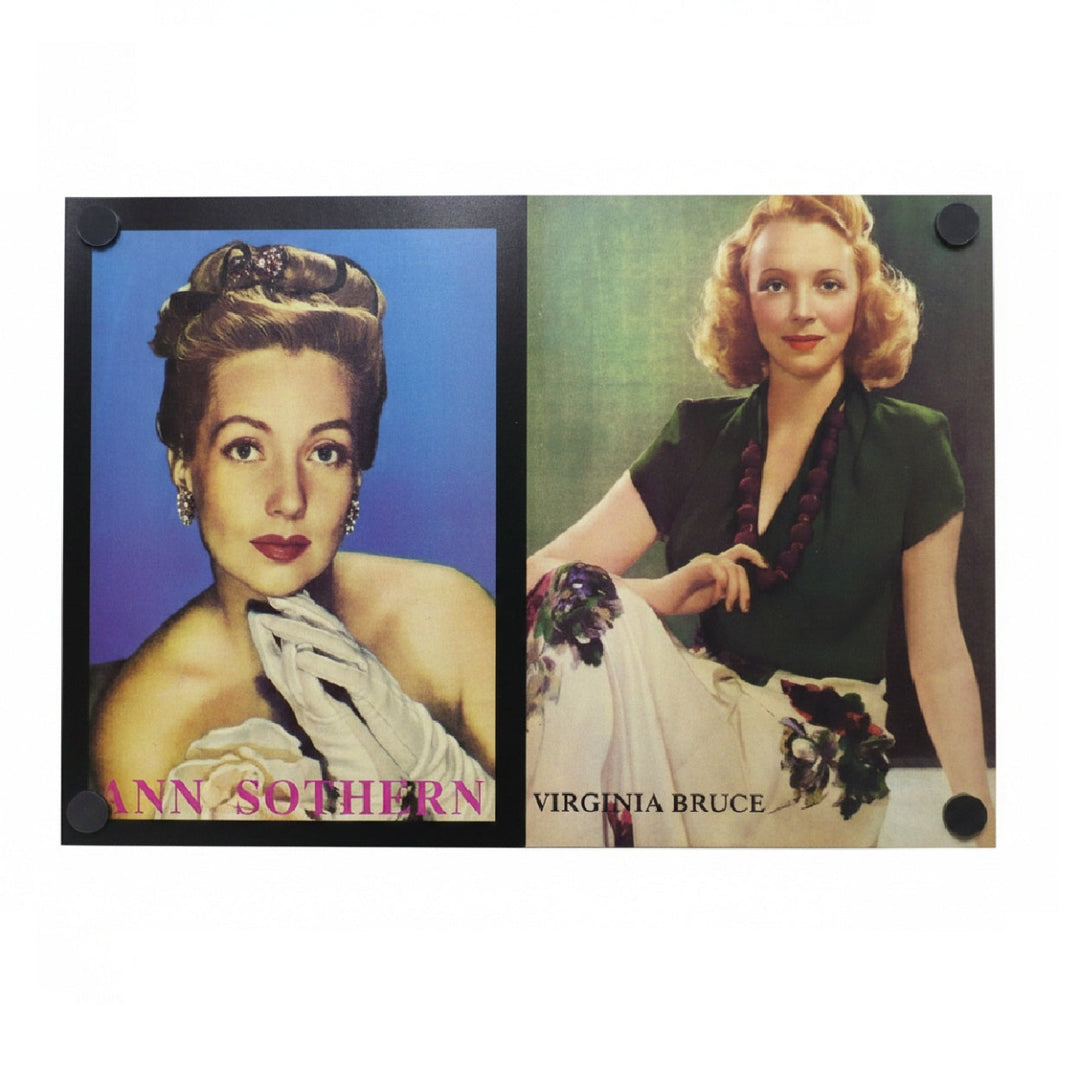 A vintage printed poster featuring two portrait photos side by side. The left portrait shows Ann Sothern against a blue background with pink text reading 'ANN SOTHERN' at the bottom. The right is Virginia Bruce.