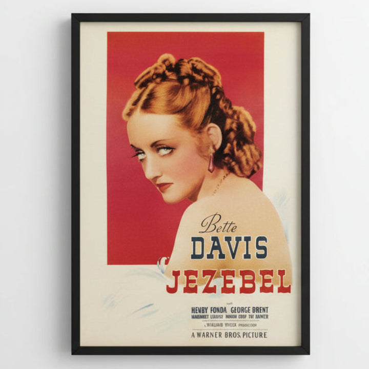 Vintage movie centerfold poster for 'Jezebel' featuring Bette Davis on a red and beige background.