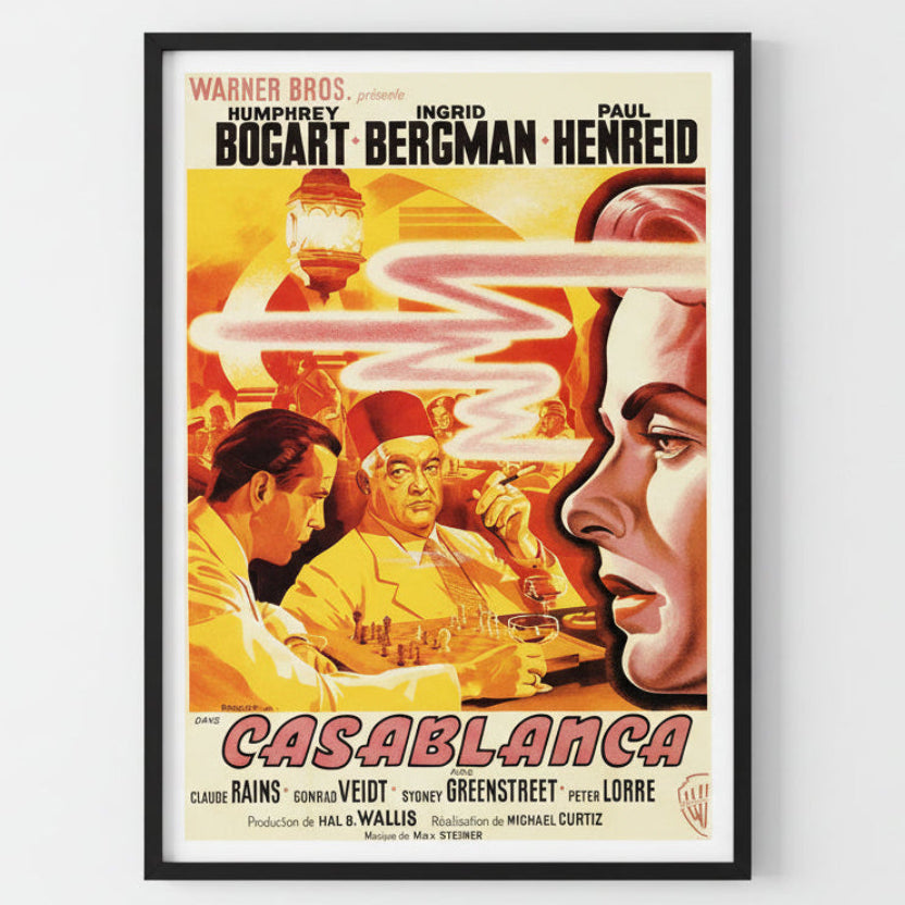 Vintage centerfold movie poster for 'Casablanca' featuring Humphrey Bogart, Ingrid Bergman, and Paul Henreid.
