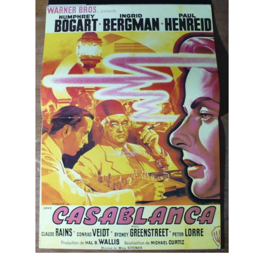Vintage centerfold movie poster for 'Casablanca' featuring Humphrey Bogart, Ingrid Bergman, and Paul Henreid.