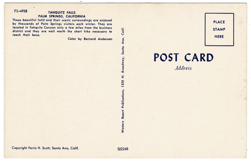 1950 Hiker at Tahquitz Falls, Palm Springs California Vintage Postcard, back view.