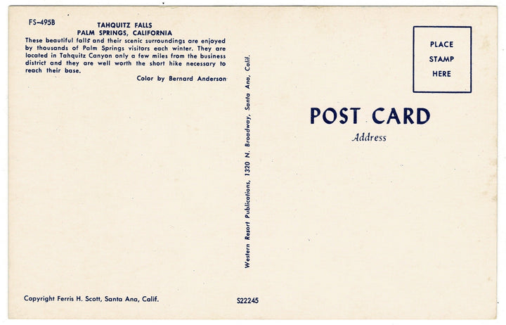 1950 Hiker at Tahquitz Falls, Palm Springs California Vintage Postcard, back view.