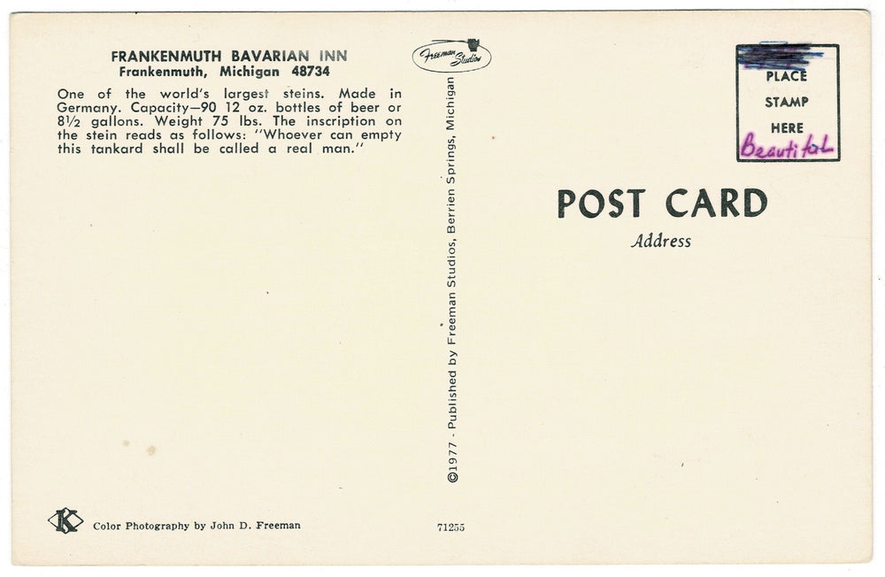 1977 Bavarian Inn in Frankenmuth, Michigan vintage postcard, back view.