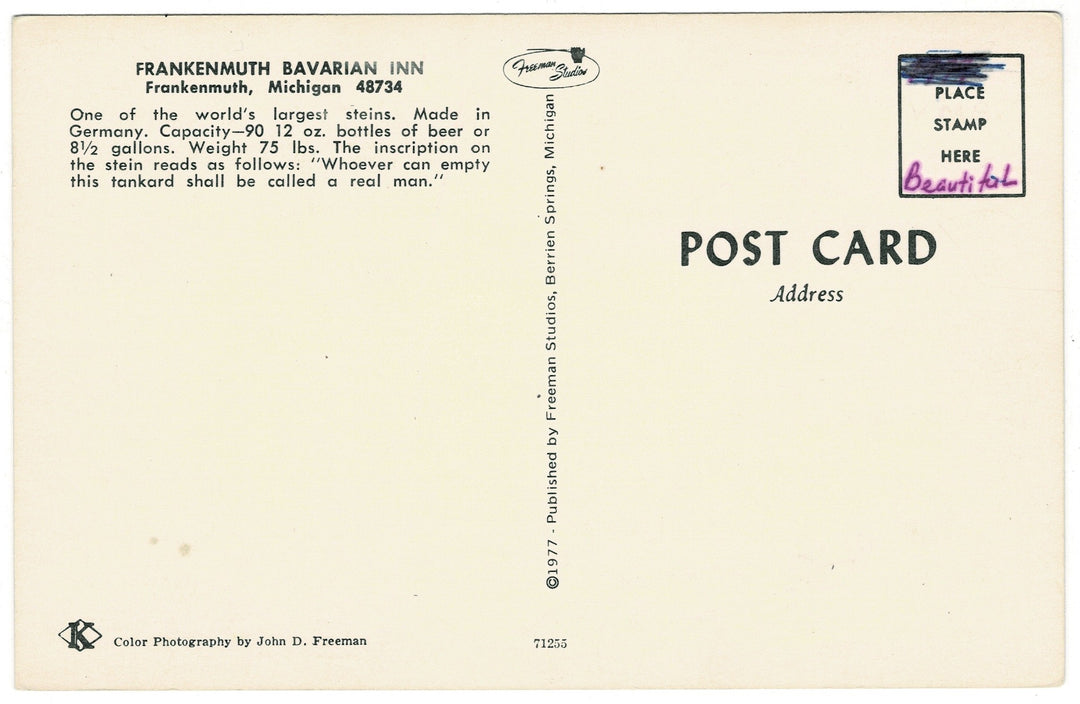1977 Bavarian Inn in Frankenmuth, Michigan vintage postcard, back view.
