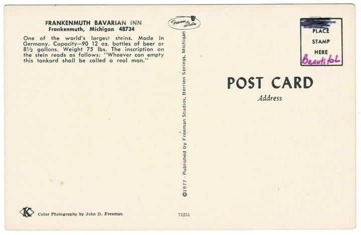 1977 Bavarian Inn in Frankenmuth, Michigan vintage postcard, back view.