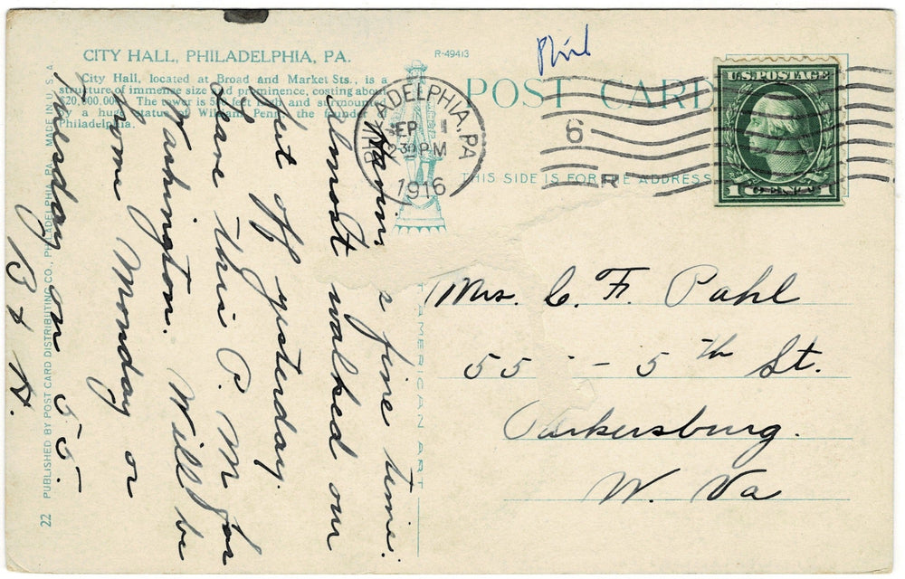 1910s City Hall Philadelphia Pennsylvania Vintage Postcard, back side.