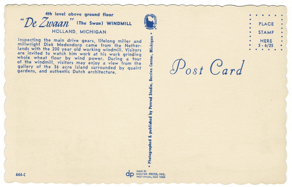 1950s-60 De Zwaan Windmill in Holland, Michigan Postcard, back view.