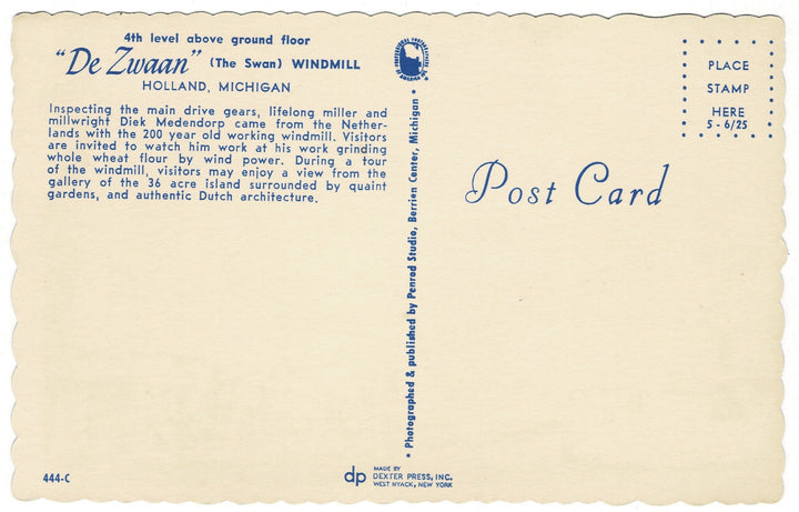 1950s-60 De Zwaan Windmill in Holland, Michigan Postcard, back view.