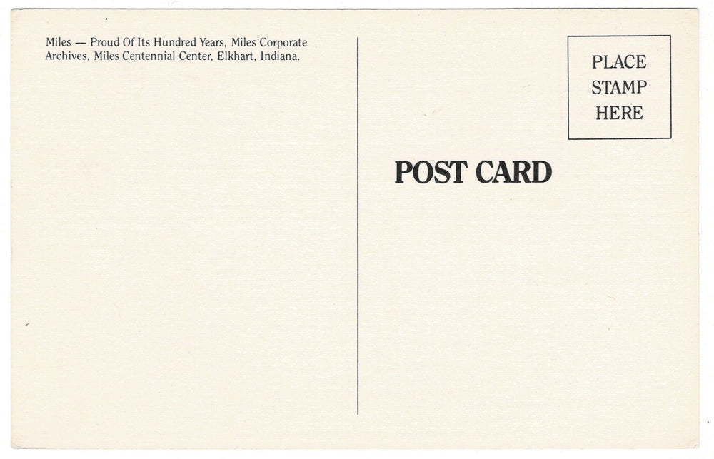 1984 Dr. Miles and Alka-Seltzer Centennial Pop Art Postcard, back view.