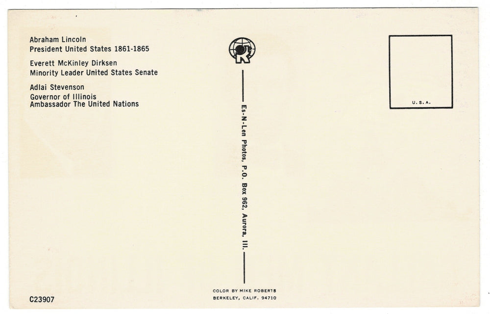 1960s Gallant Men of Illinois Vintage Postcard Lincoln Stevenson Dirksen, back view.