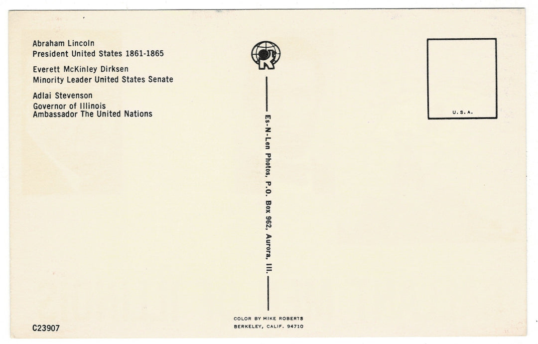 1960s Gallant Men of Illinois Vintage Postcard Lincoln Stevenson Dirksen, back view.