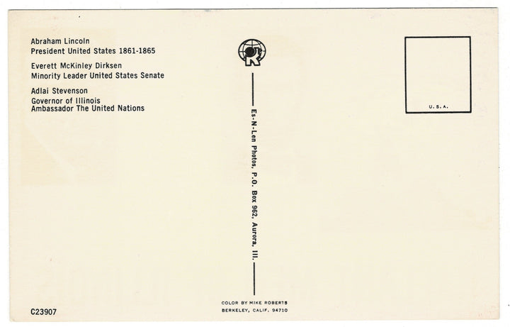 1960s Gallant Men of Illinois Vintage Postcard Lincoln Stevenson Dirksen, back view.