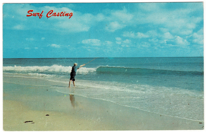 1958 Man Fishing on Beach Surf Casting Vintage Postcard.