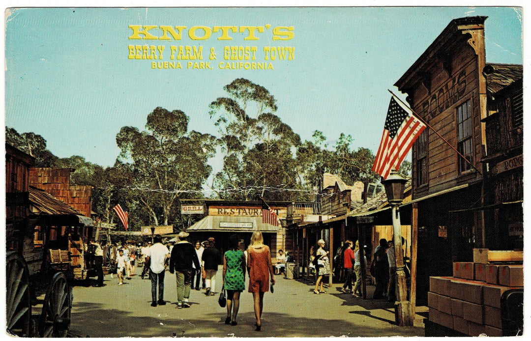 Main Street in the Ghost Town at Knott’s Berry Farm in Buena Park, California, vintage postcard.