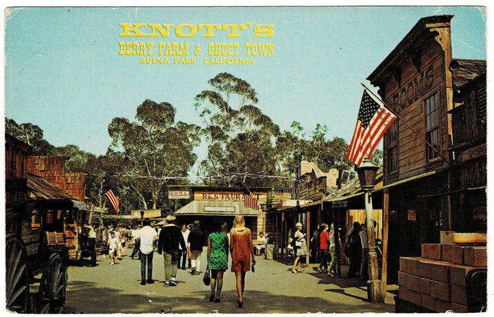Main Street in the Ghost Town at Knott’s Berry Farm in Buena Park, California, vintage postcard.