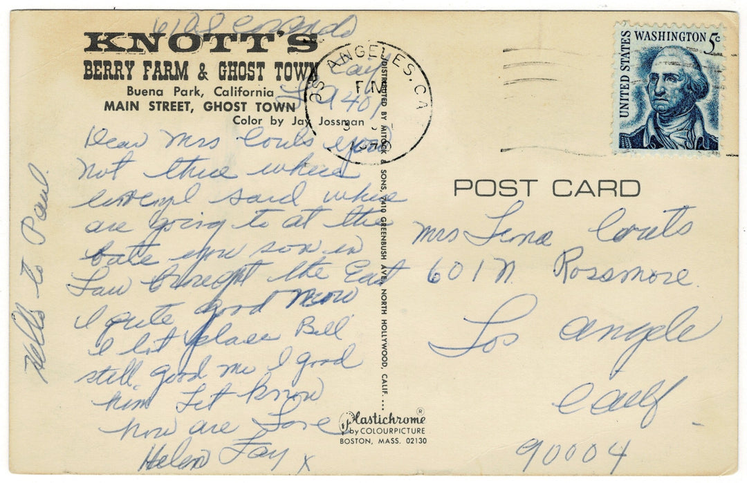 Main Street in the Ghost Town at Knott’s Berry Farm in Buena Park, California, vintage postcard., back view.