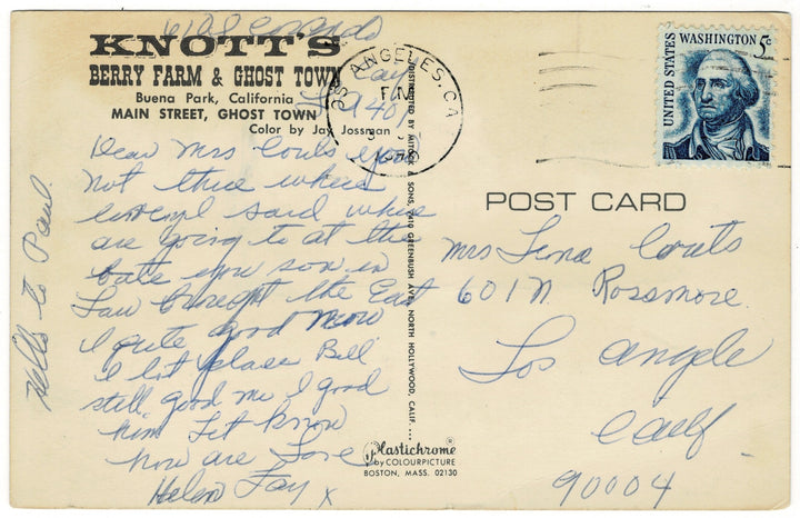 Main Street in the Ghost Town at Knott’s Berry Farm in Buena Park, California, vintage postcard., back view.
