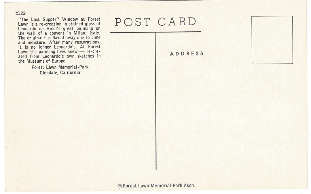 The Last Supper Window at Forest Lawn postcard, back view.