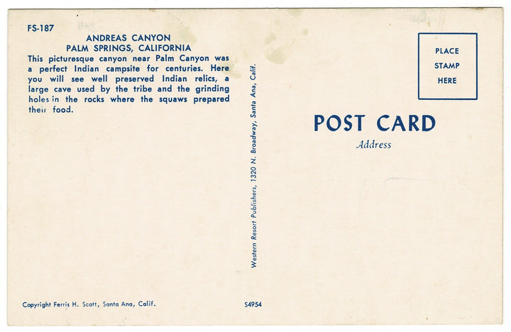 1950s Andreas Canyon Palm Springs California Vintage Postcard, back view.