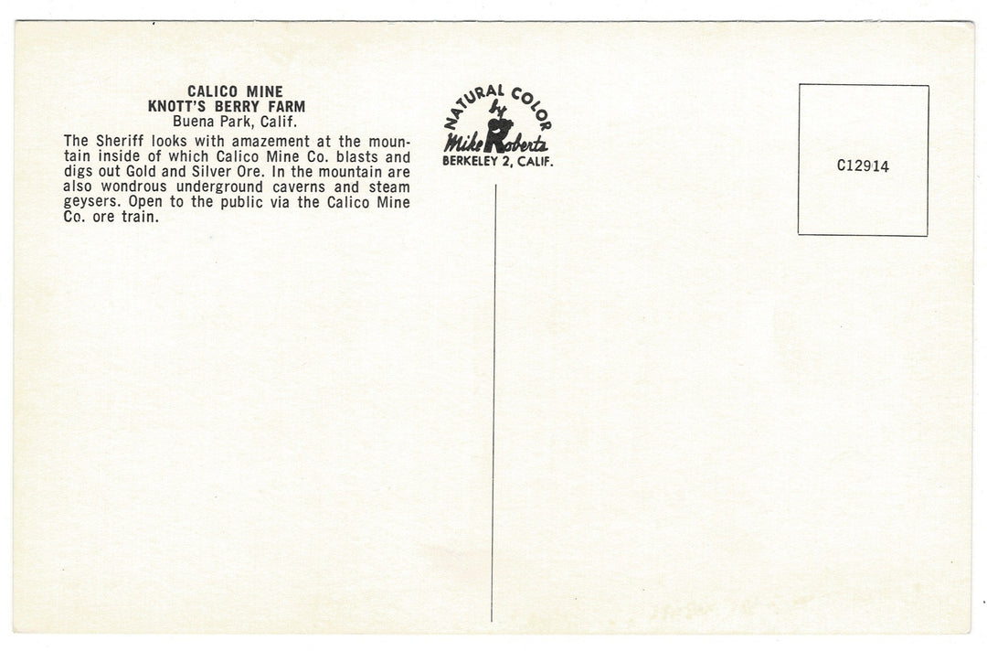 Calico Mine Knott’s Berry Farm Buena Park California Vintage Postcard, back view.