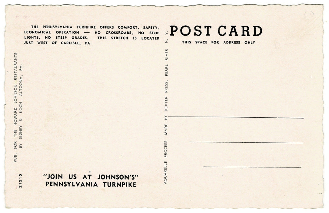 Back Side of 1940s Aerial View Pennsylvania Turnpike Vintage Postcard.