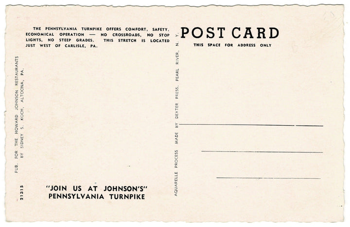 Back Side of 1940s Aerial View Pennsylvania Turnpike Vintage Postcard.