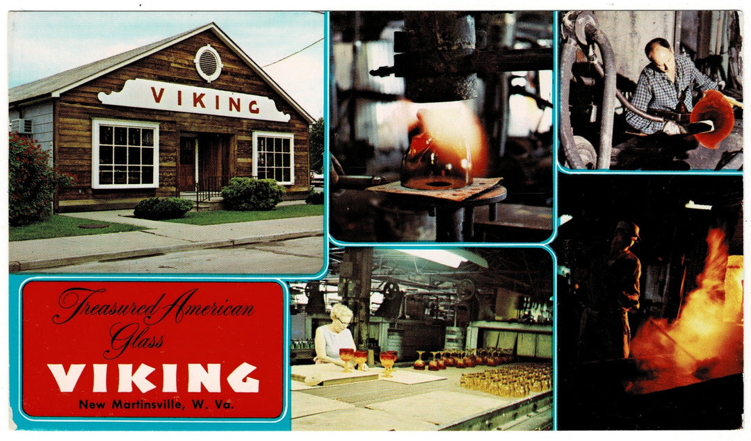 Collage of images featuring Viking glass products and factory scenes, 1978 Viking Glass New Martinsville, West Virginia Vintage Postcard.
