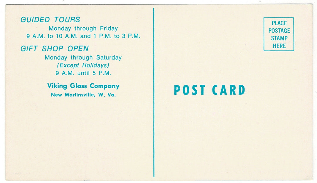 1978 Viking Glass New Martinsville, West Virginia Vintage Postcard, back view.