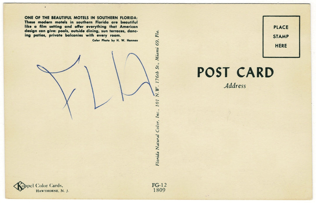 1960 Beautiful Southern Florida Motel Vintage Postcard, Sunny Isles Beach back view.