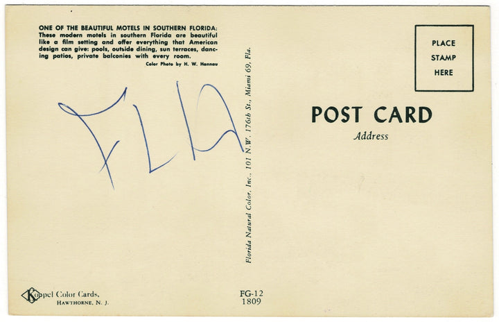 1960 Beautiful Southern Florida Motel Vintage Postcard, Sunny Isles Beach back view.