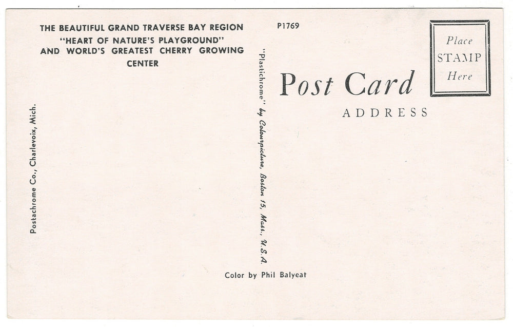 1960 Grand Traverse Bay Region of Michigan Vintage Postcard, back view.