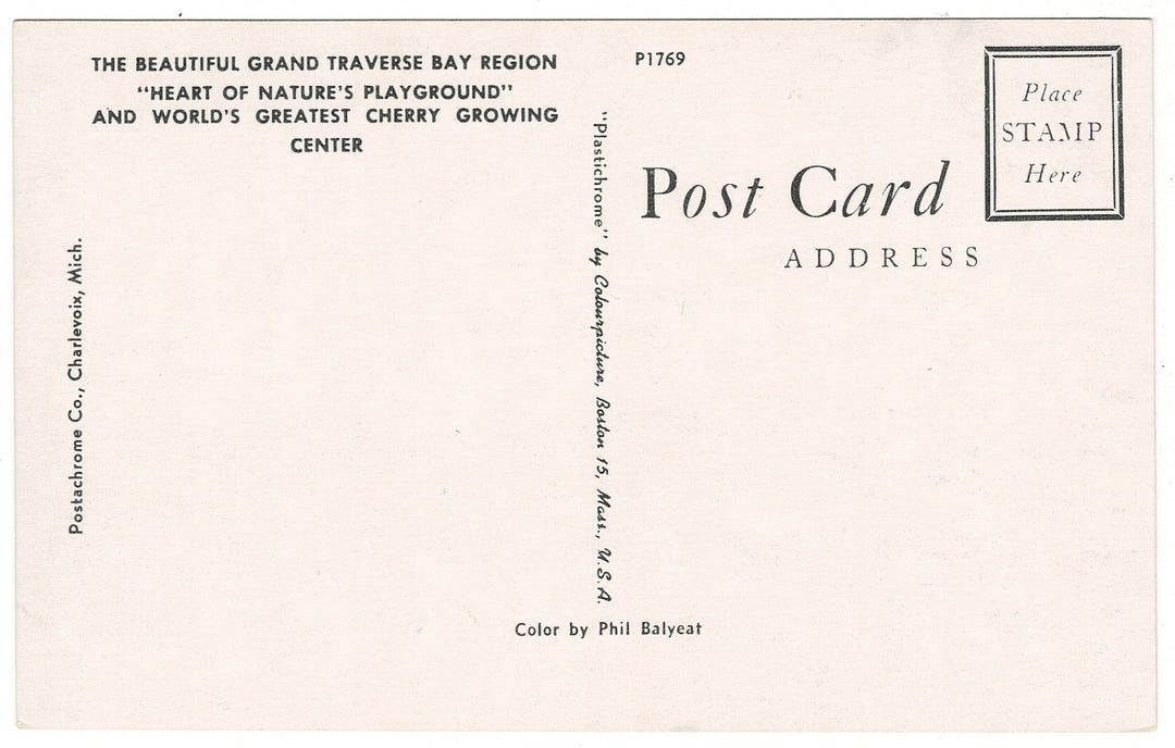 1960 Grand Traverse Bay Region of Michigan Vintage Postcard, back view.