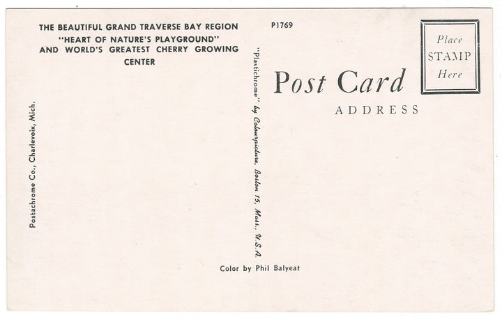 1960 Grand Traverse Bay Region of Michigan Vintage Postcard, back view.