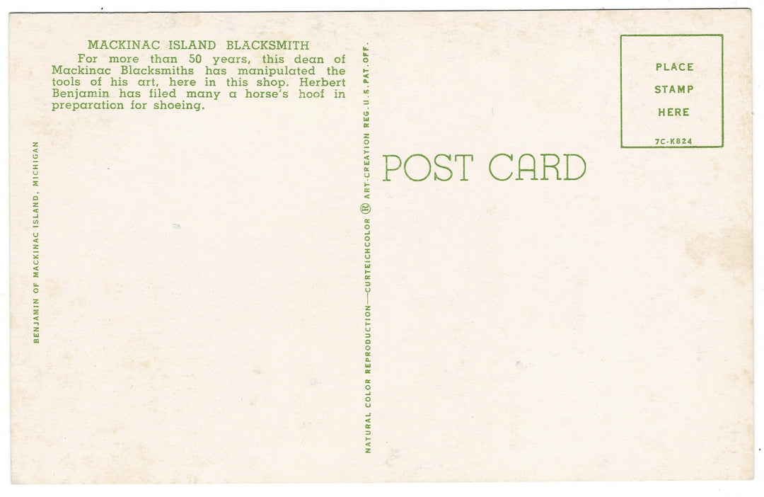 Back of a postcard with text about Mackinac Island Blacksmith and a space for stamp and address.