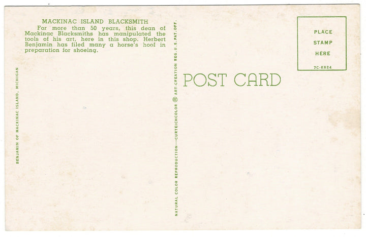 Back of a postcard with text about Mackinac Island Blacksmith and a space for stamp and address.