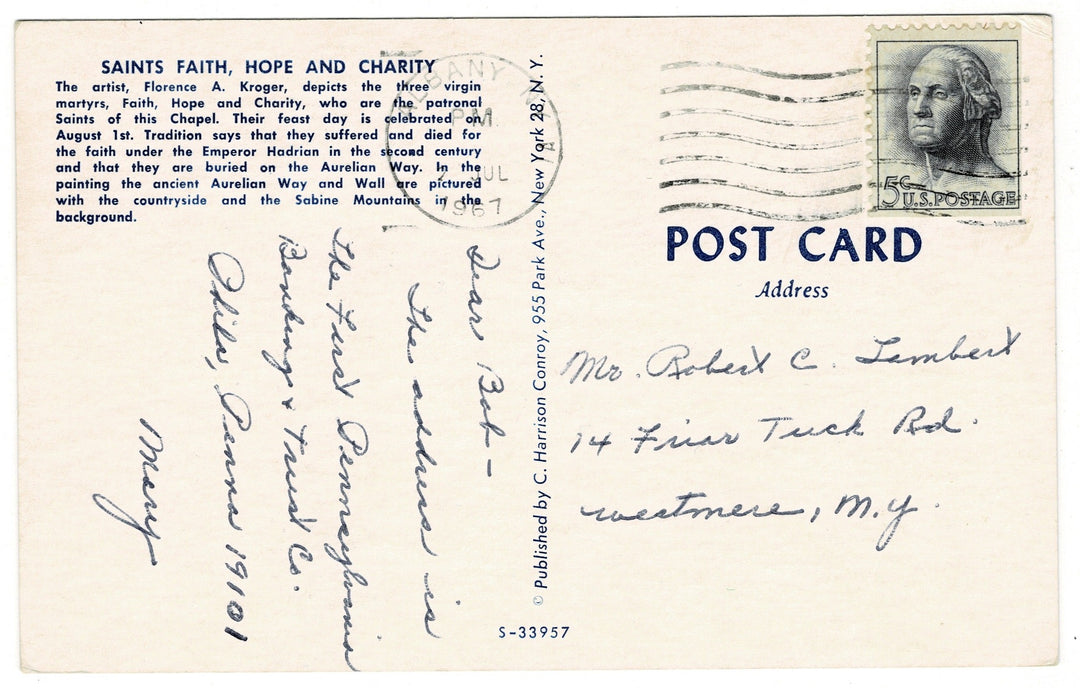 1967 Faith, Hope, and Charity Vintage Art Postcard, back view.