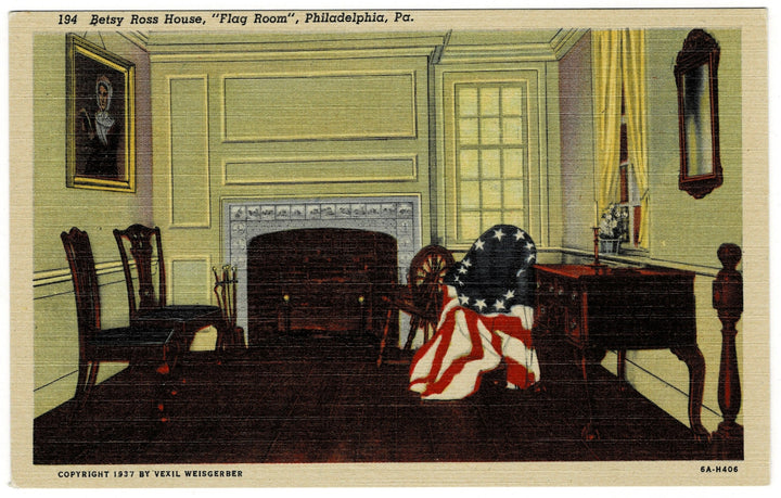 1930s Flag Room Betsy Ross House Pennsylvania Vintage Postcard.