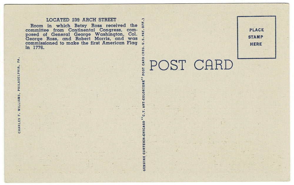 1930s Flag Room Betsy Ross House Pennsylvania Vintage Postcard, back side.