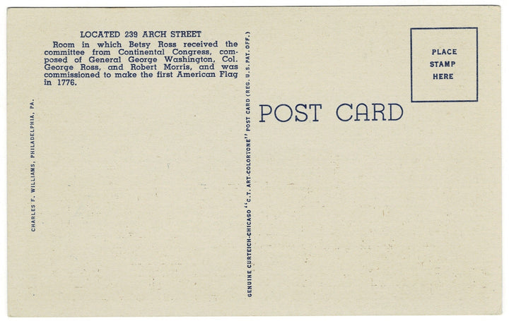 1930s Flag Room Betsy Ross House Pennsylvania Vintage Postcard, back side.