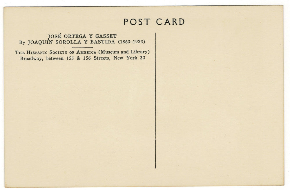 Back of a postcard with text about José Ortega y Gasset and Joaquín Sorolla y Bastida, featuring the Hispanic Society of America.