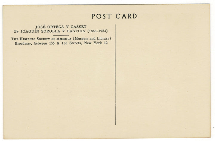 Back of a postcard with text about José Ortega y Gasset and Joaquín Sorolla y Bastida, featuring the Hispanic Society of America.