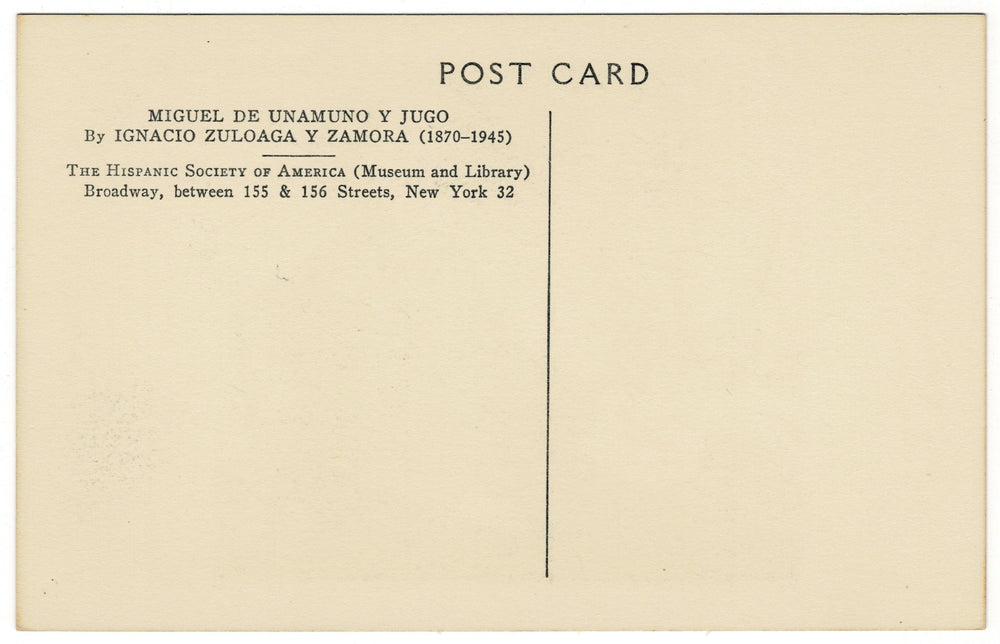 Back of a postcard with text about Miguel de Unamuno y Jugo and contact information for The Hispanic Society of America.