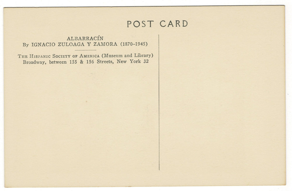 Back of a postcard with text about Albarracin and Ignacio Zuloaga Y Zamora, featuring a beige background.